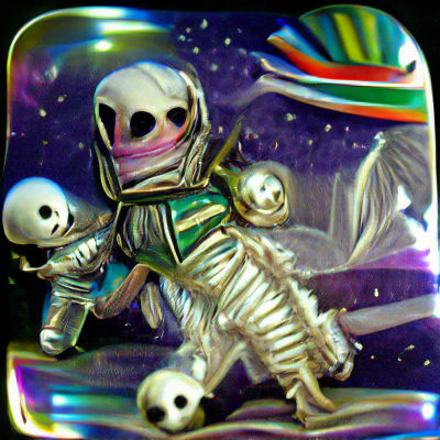 Scary skeleton astronaut in space iridescent