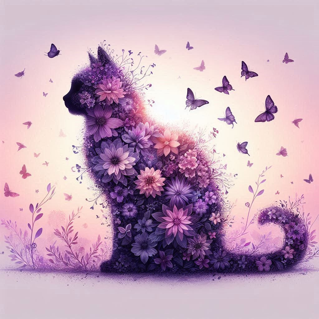 silhouette of a cat filled with flowers and butterflies.