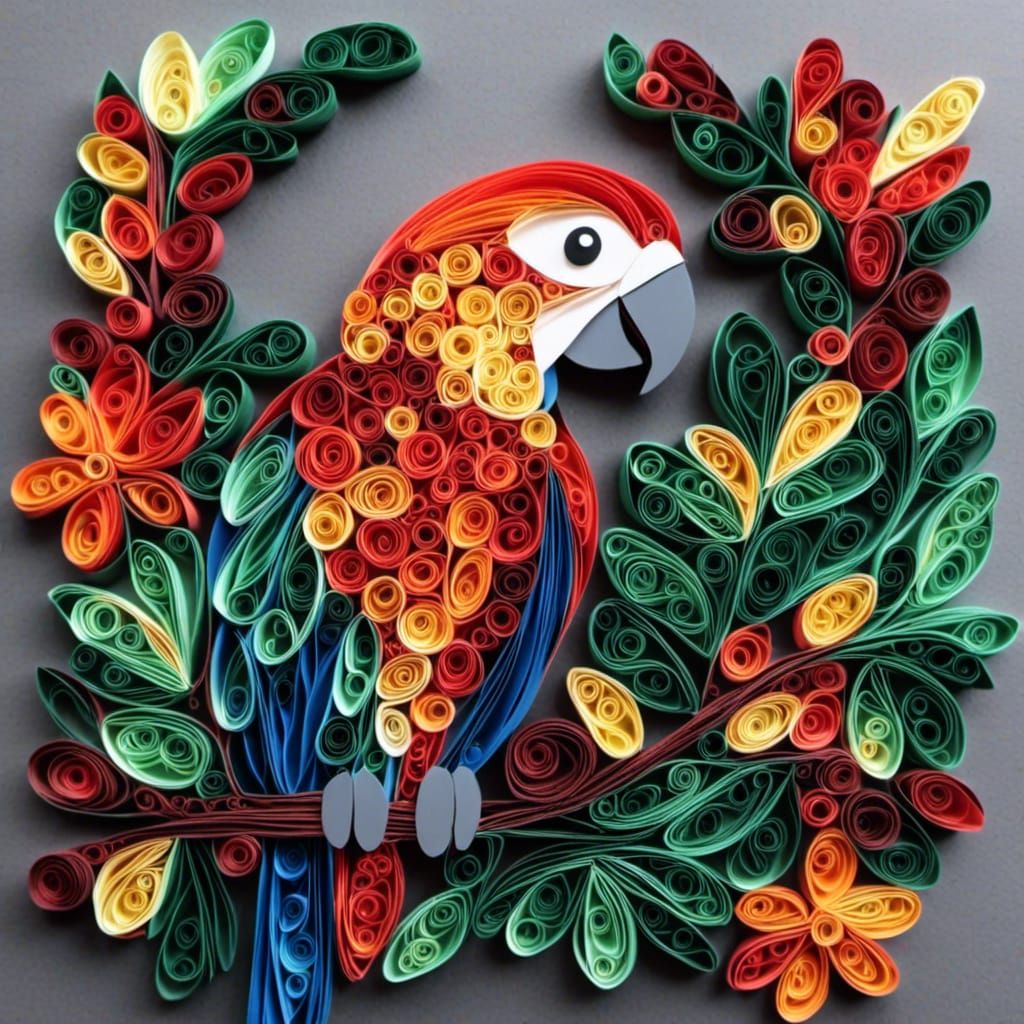 A parrot on a jungle branch <lora:Quilling:1.0> 