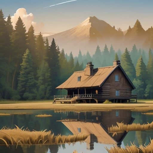 Cozy Cabin at Sunset, Lake and Mountains