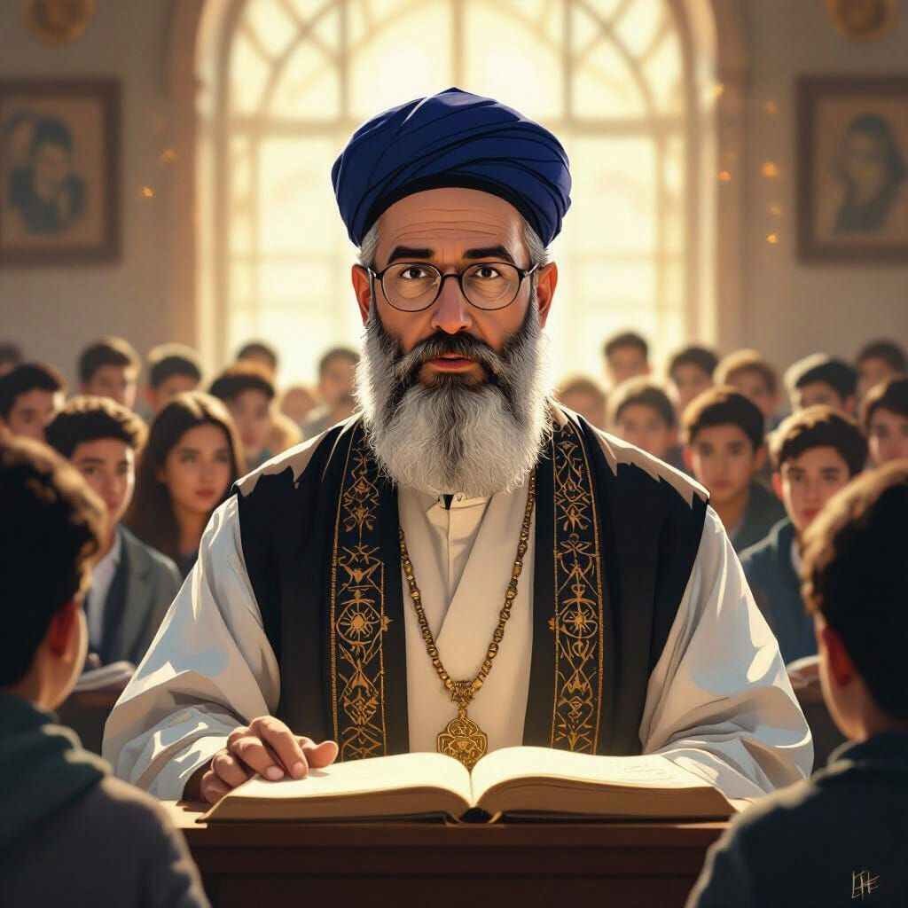 Rabbi Giving Lecture with Subtle Glow in Painterly Style