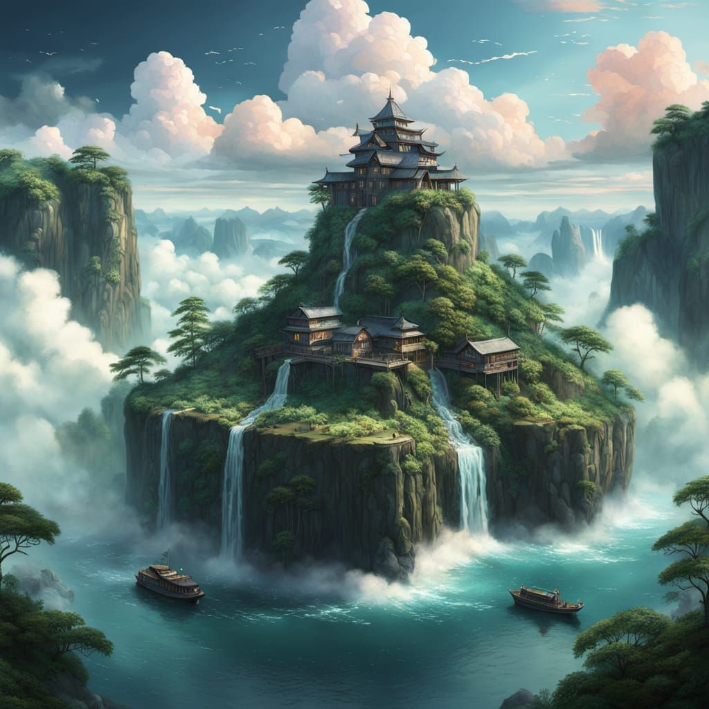 A serene, ethereal landscape where islands float in the sky 