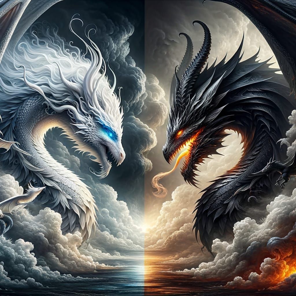 White vs Black Dragon Confrontation in Stormy Sky