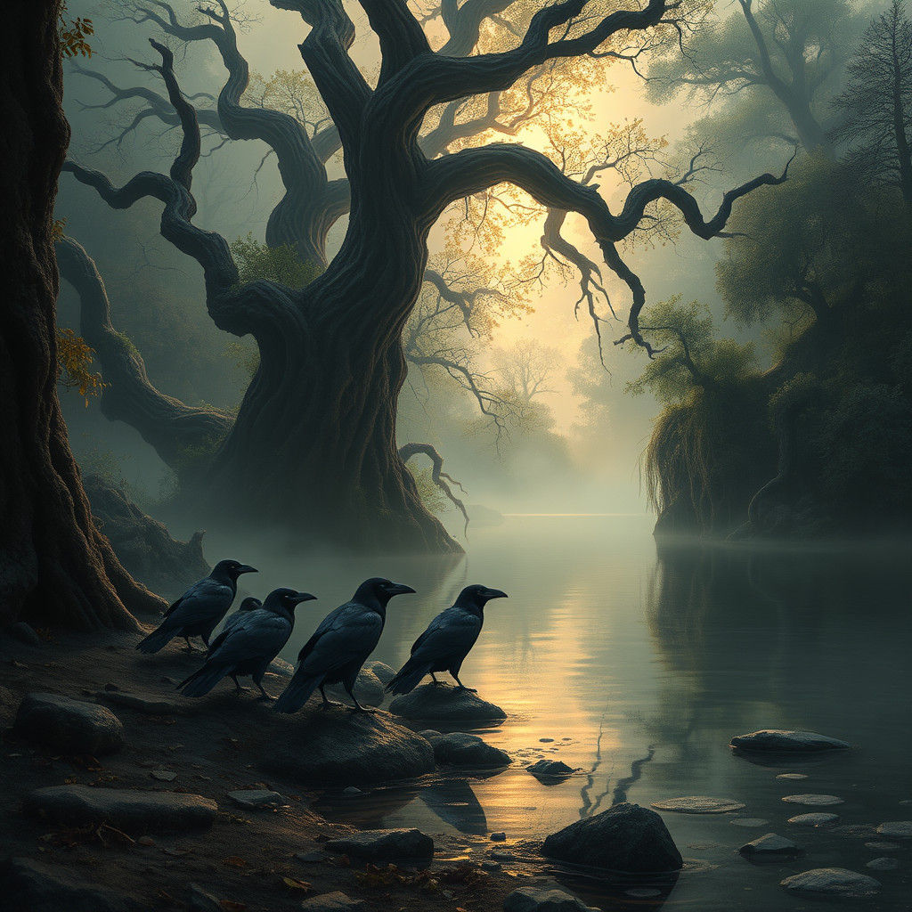Ravens Gathered by Mystical River in Matte Painting Style