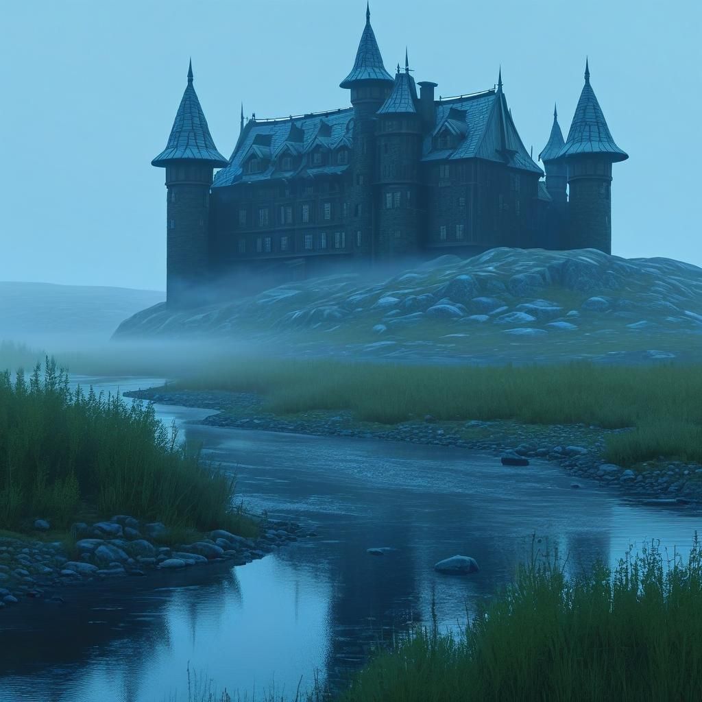 Iron castle in tundra. Misty morning. River. hyperdetailed