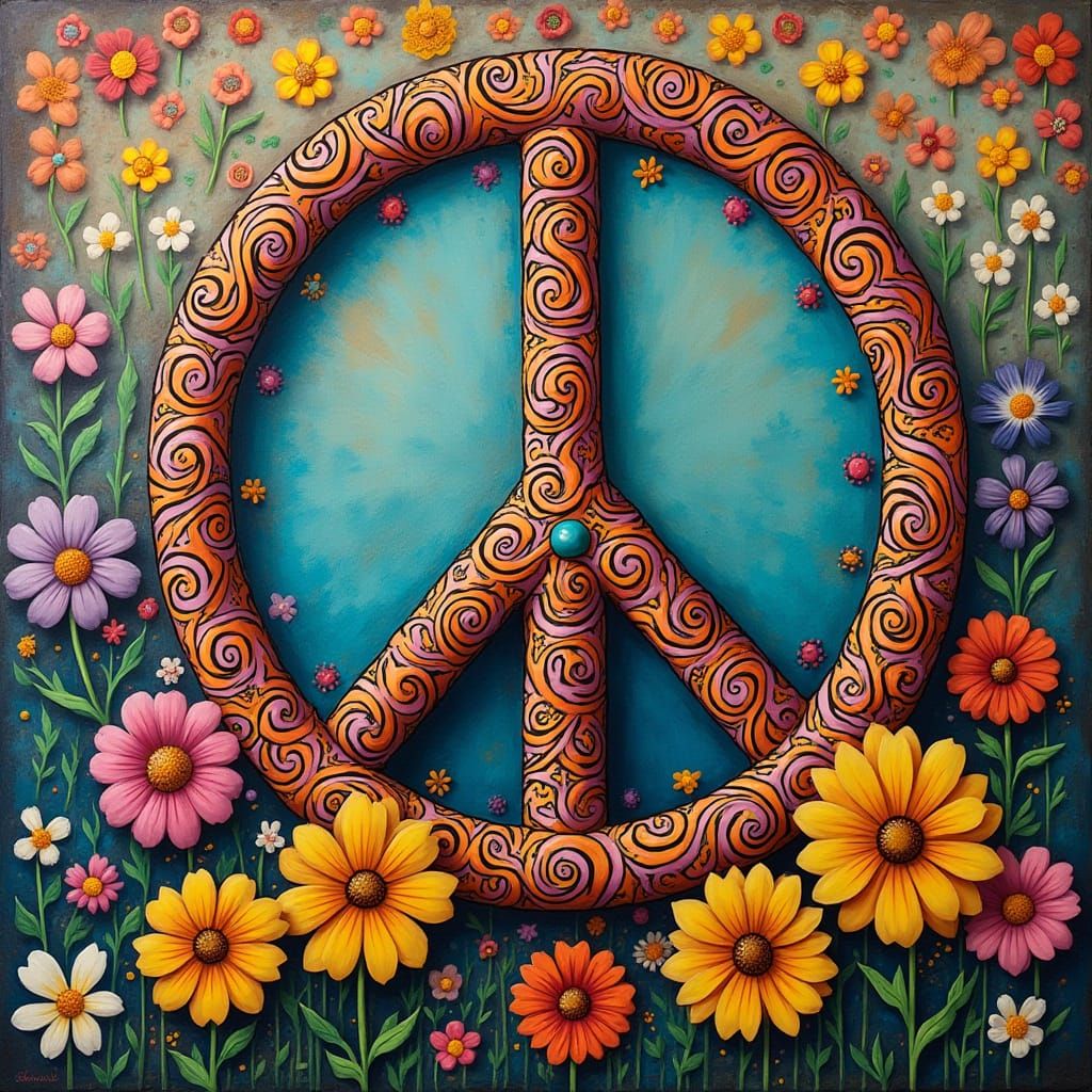 Peace sign adorned with intricate, swirling patterns, set against a backdrop of pansies and daisies with a mix of pop art, folk, and surreal...