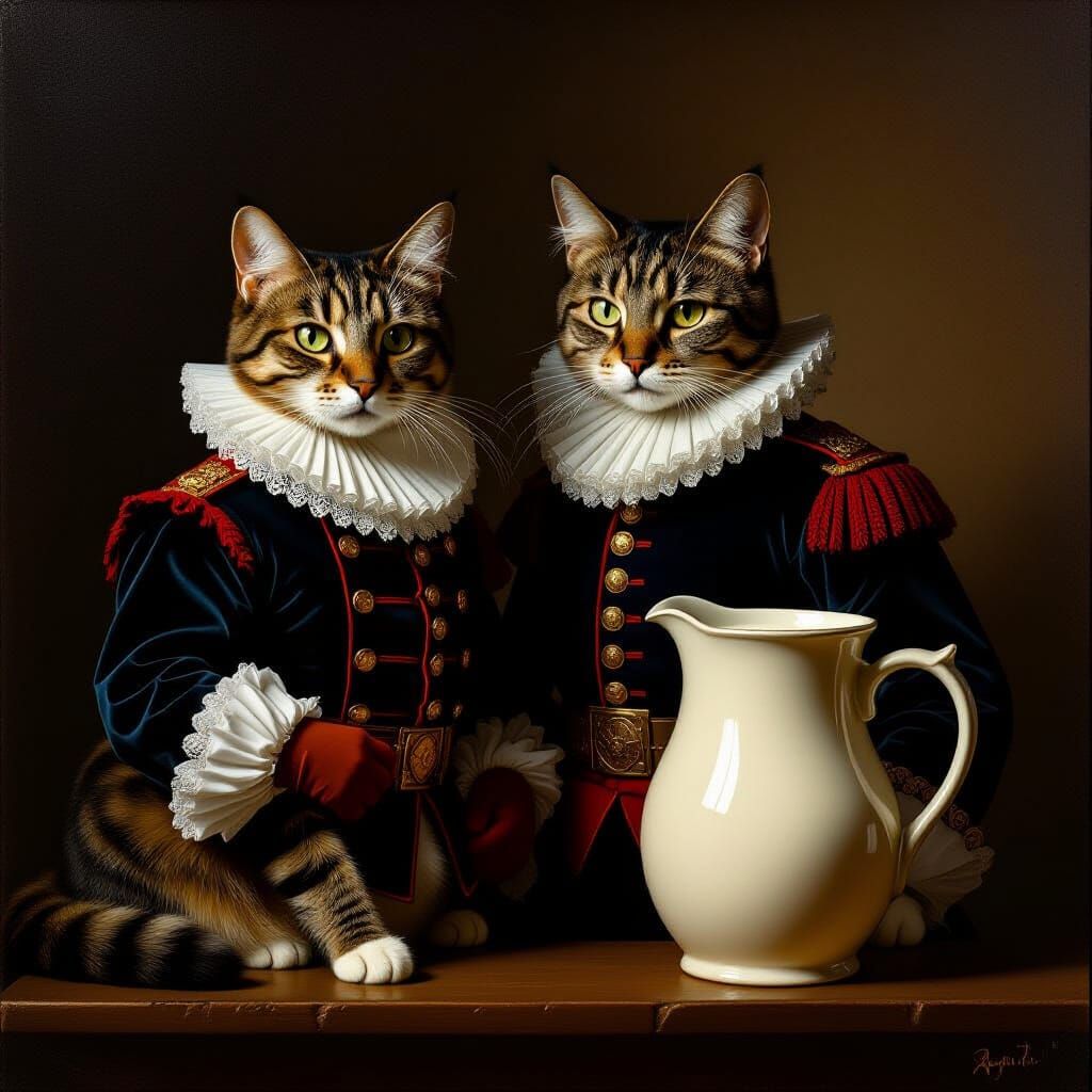 Cat Guard in Uniform Beside Milk Jug