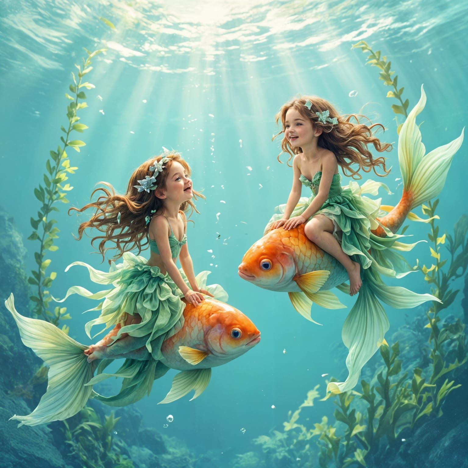 Tiny mermaids play underwater in a clear blue magical ocean water. The are tiny and the ride on fish, and laugh and play.