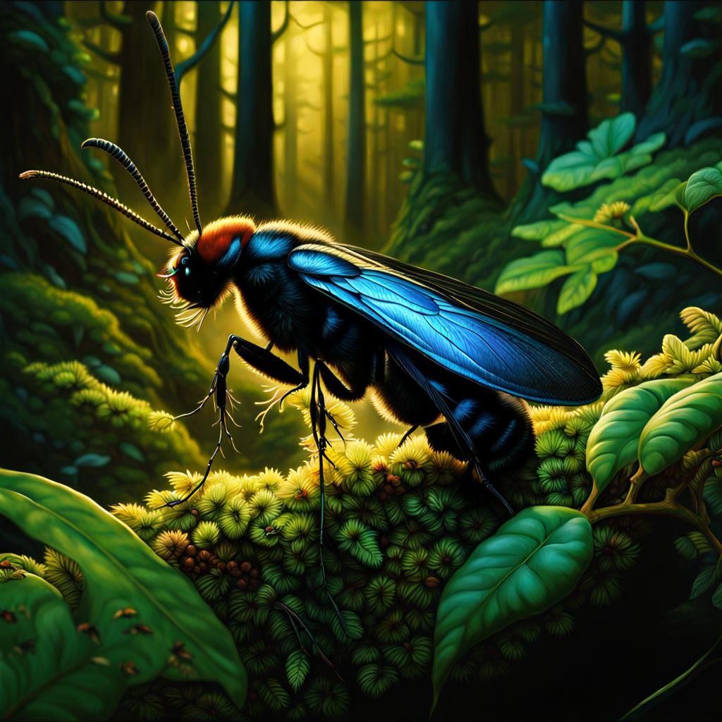 Close up insect with bioluminescent wings