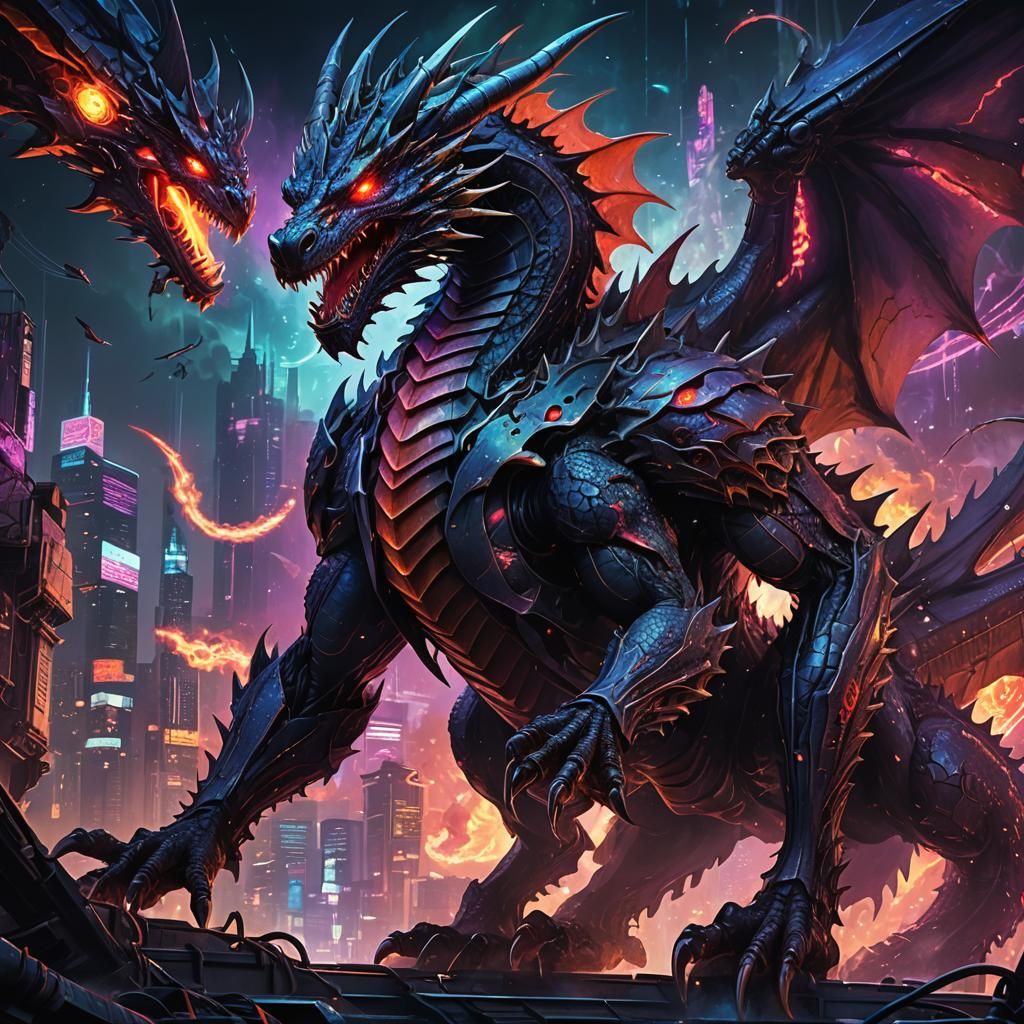 Deathmetal cyperpunk dragon devours the universe
