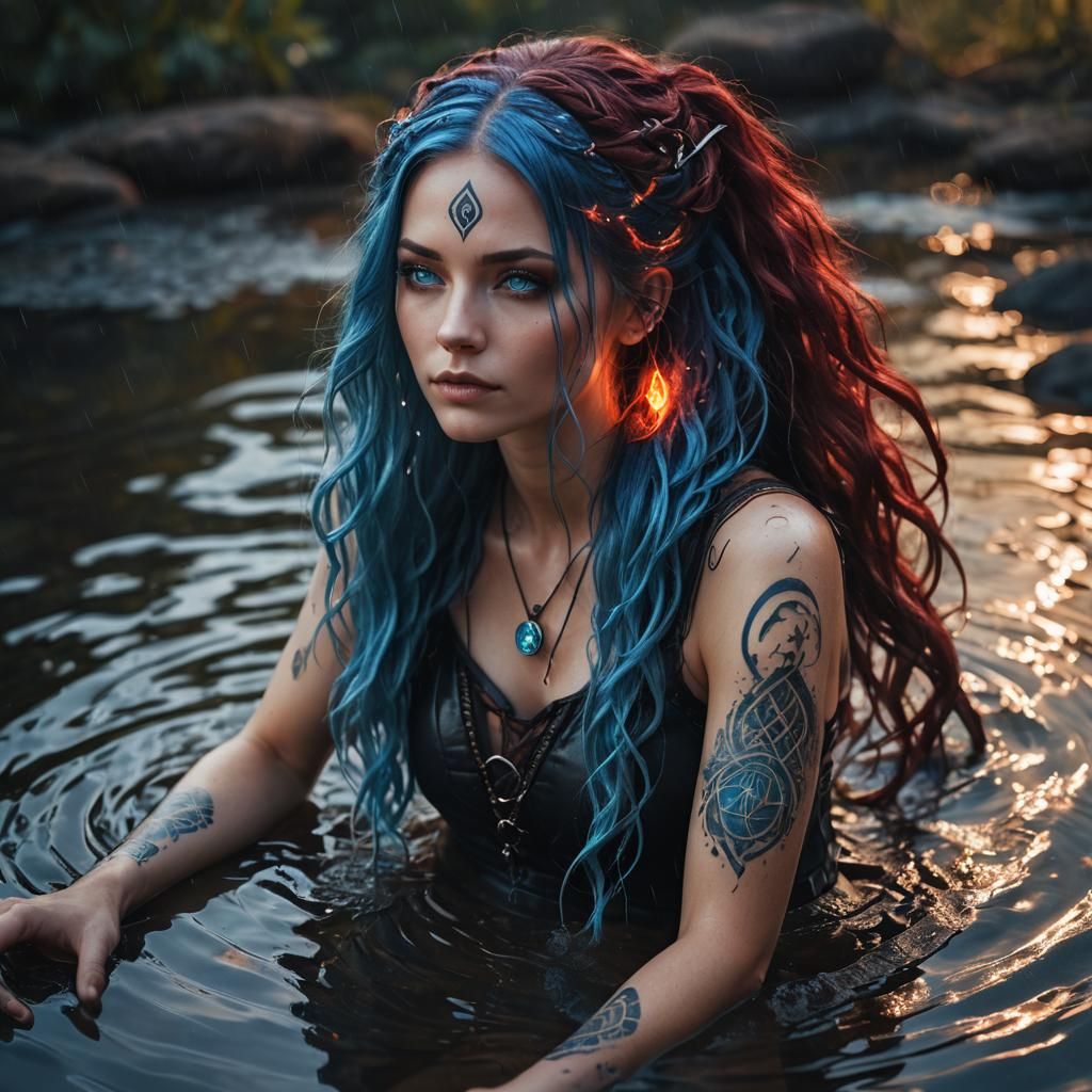a beautiful slender girl with blue long cascading hair and blue eyes sitting in a meditative pose in a puddle of water outside, beneath the...