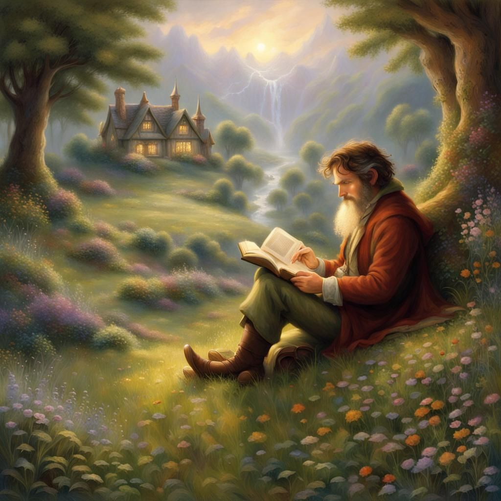 sitting, reading a book in a meadow head titled in wonder