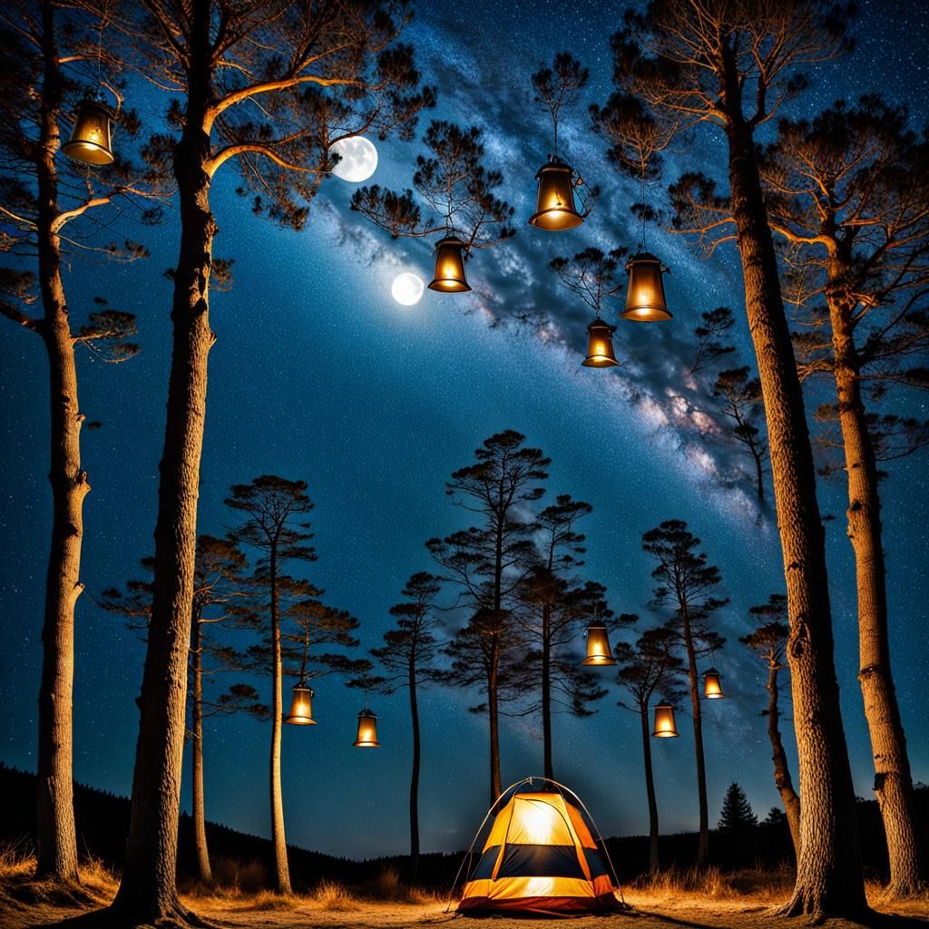 6 camping lanterns hanging from trees. Starry night. Full moon. Tents ...