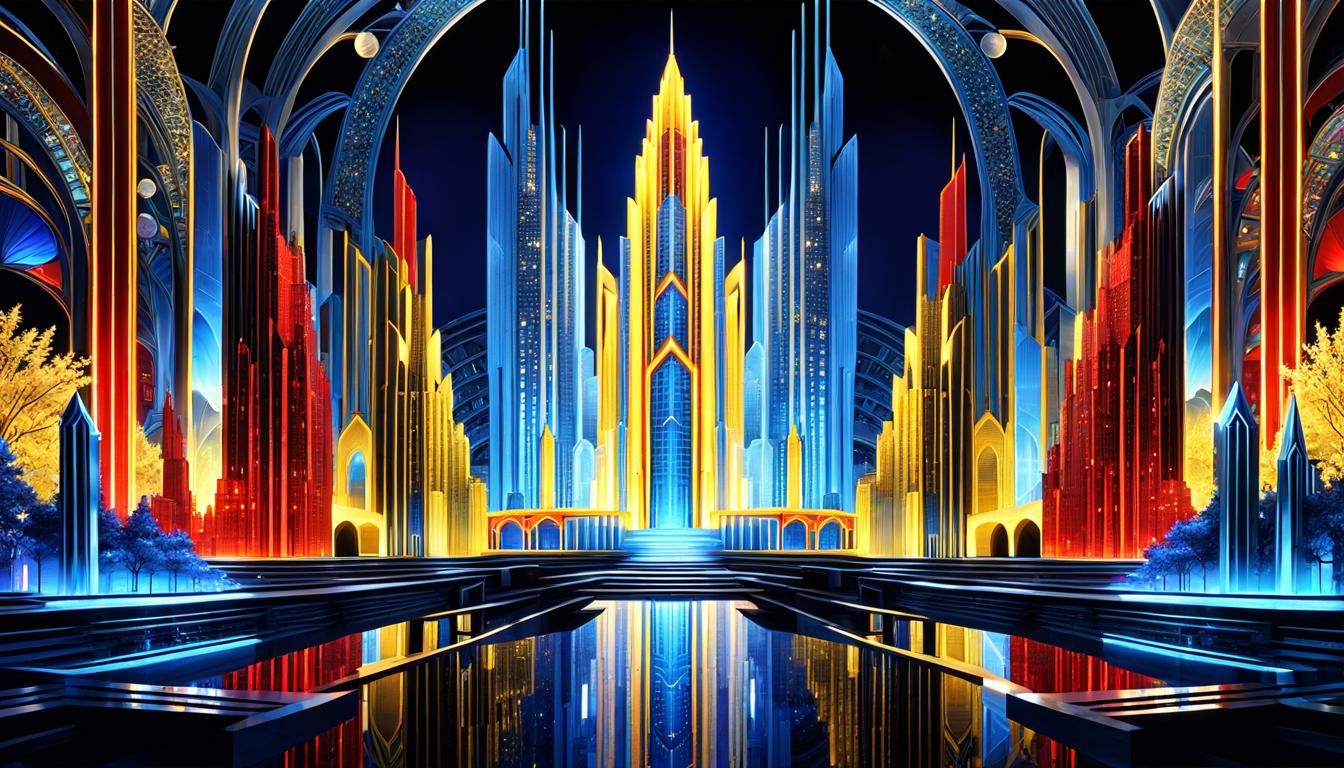 fractal crystal city, night, retroSF, art deco, art nouveau,...
