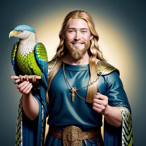 Depict a norse jesus christ holding a beautiful exotic bird that ...