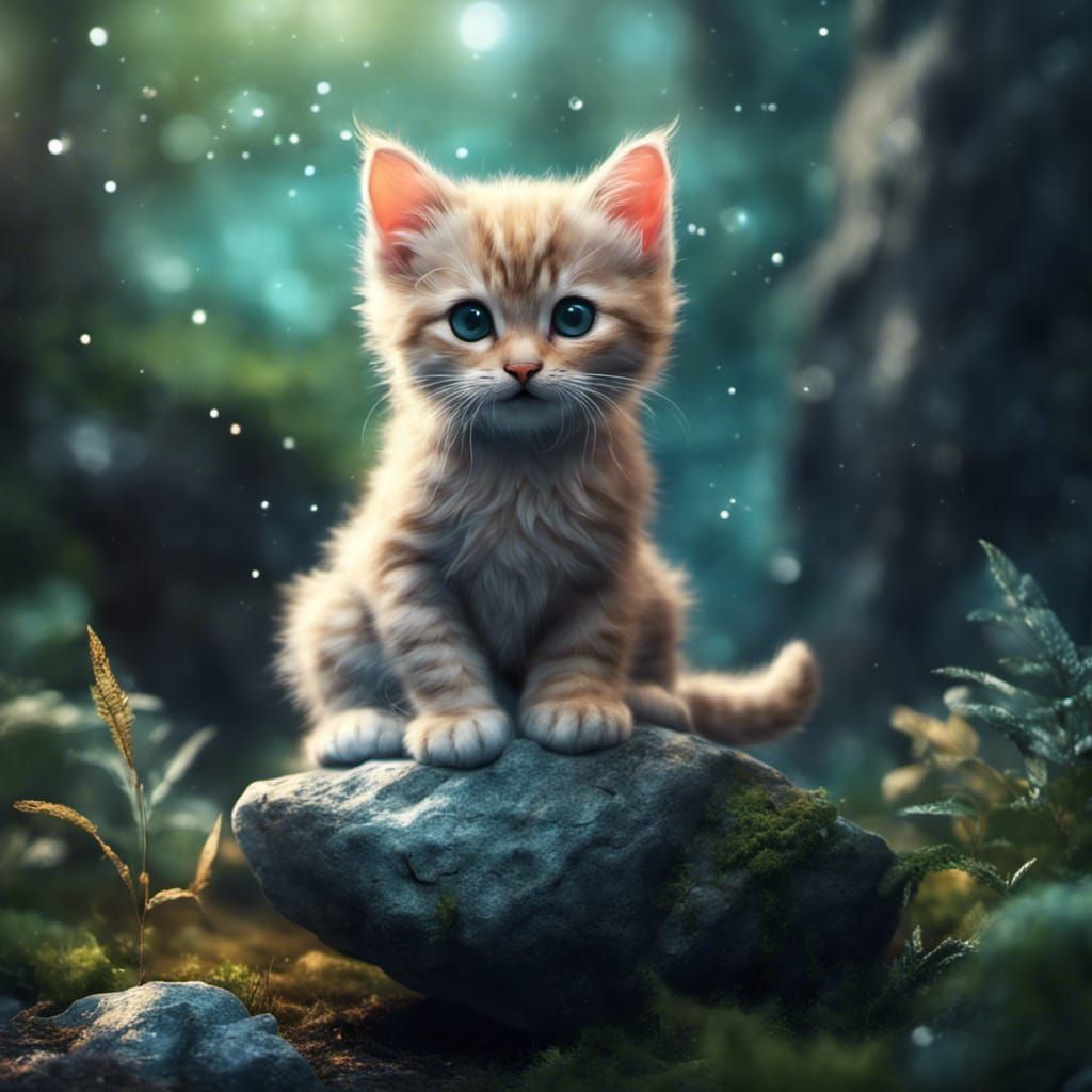 super cute baby cat sitting on a rock in the forest with par...