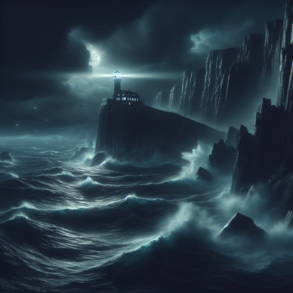 stormy sea near a lighthouse at night