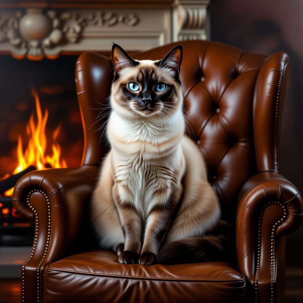 Majestic Siamese Cat on Leather Chair by Fireplace