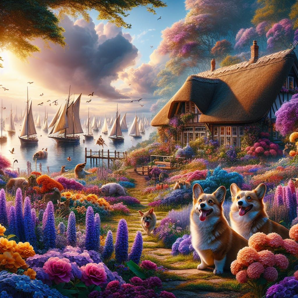 spring day with blossoming flowers in front of quaint thatch...