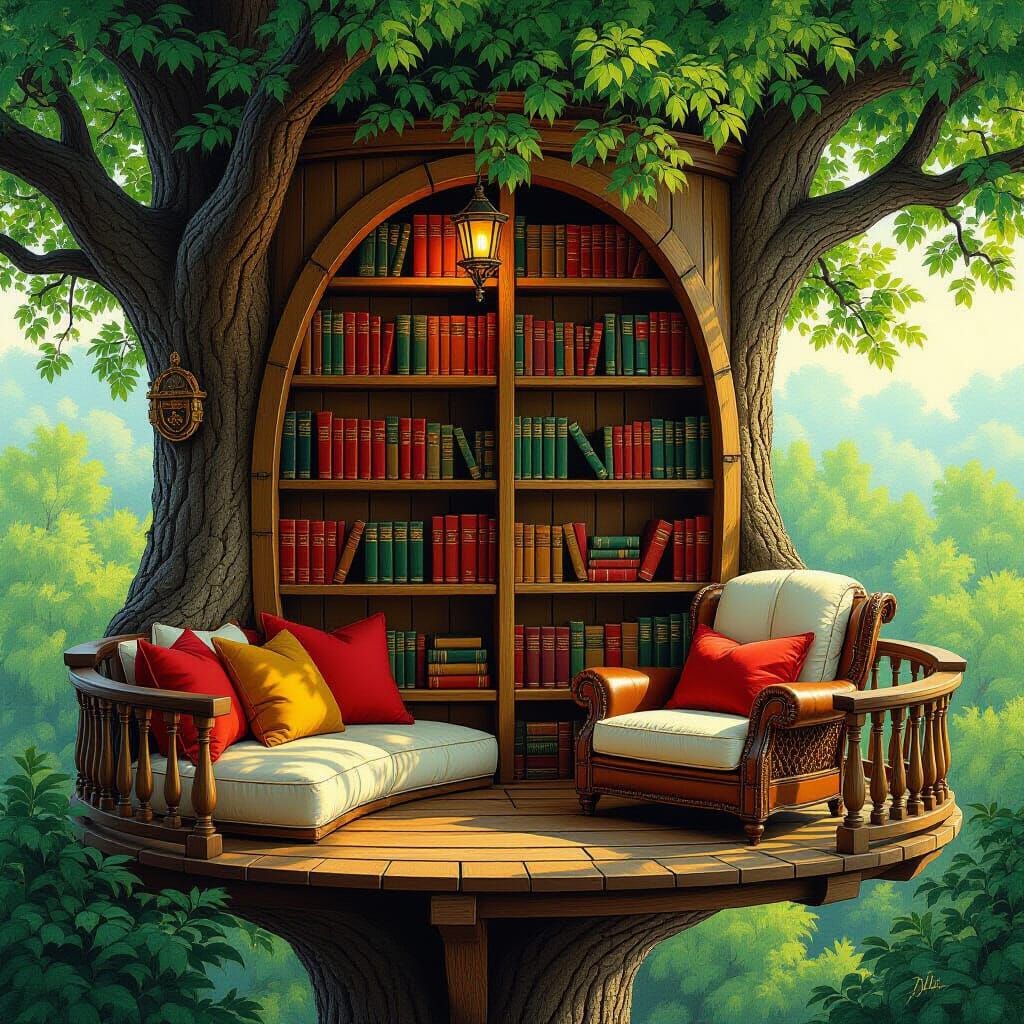 A cozy treehouse with shelves of books and a comfy chair oil painting by James Gurney  by @cuteandcreepy4u
