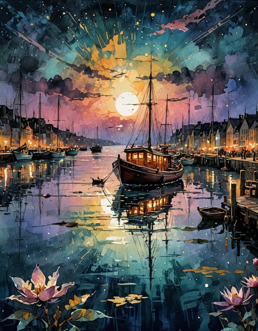 Exquisite impasto style painting:: Beautiful boat on sparkling moonlit ...