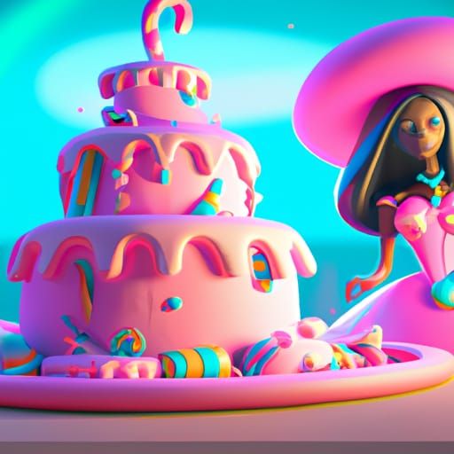 pink dress, cake hat, black skin, long pink hair, candy land, in the
