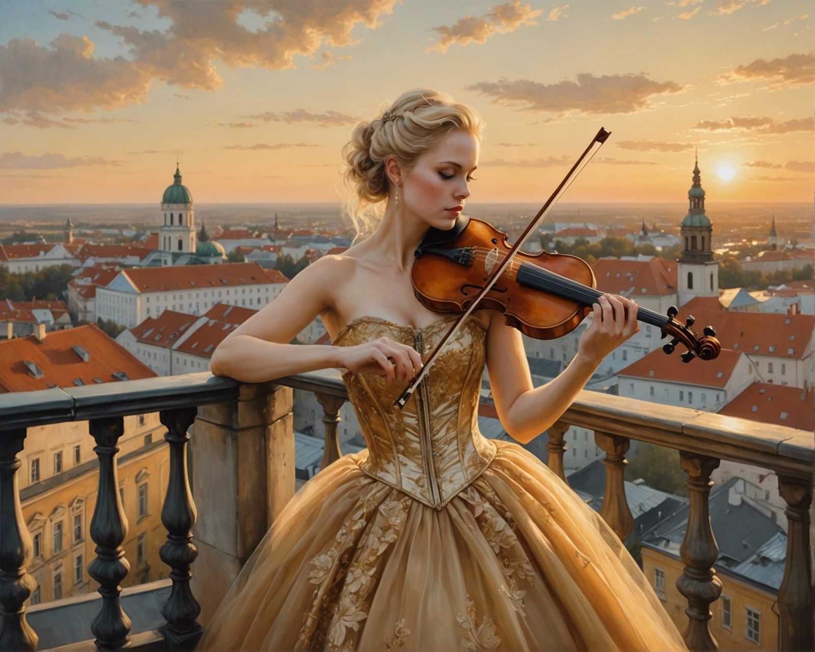 Blonde woman wearing golden dress playing violin on a balcony with view over Vilnius, Lithuania  by @Fokje