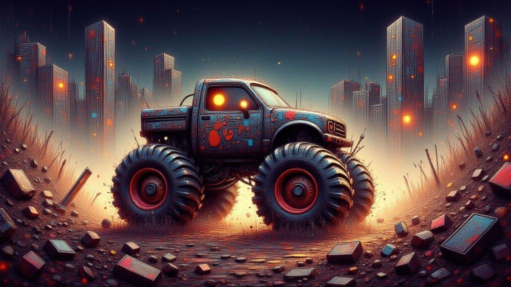 abstract surreal art splash-art hypermaximalism textured as dimple art with wicked intentions featuring a cute urbanpunk robot with monster ...