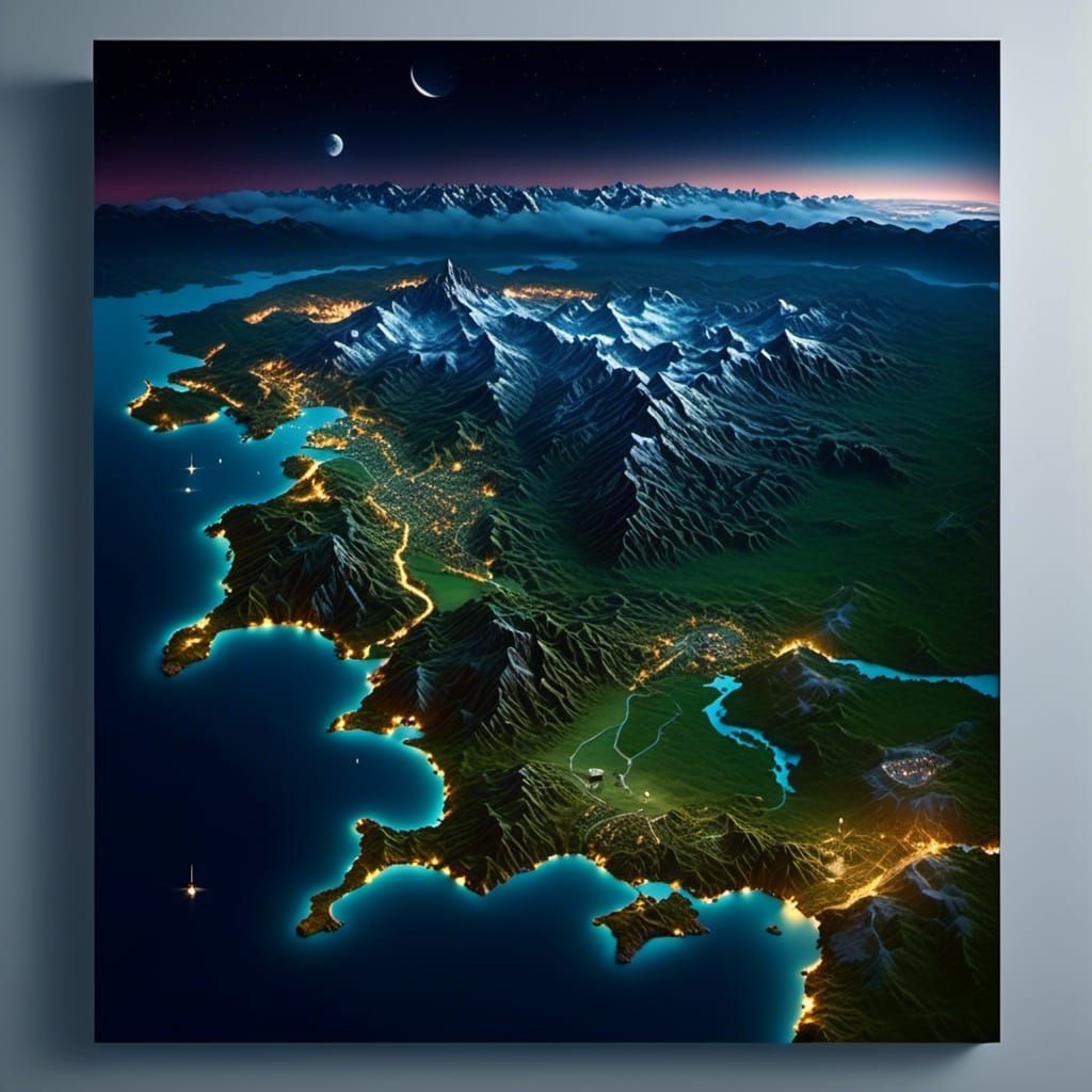 <lora:3D Mapping:1.0>3D map of the surface of Middle Earth, at night