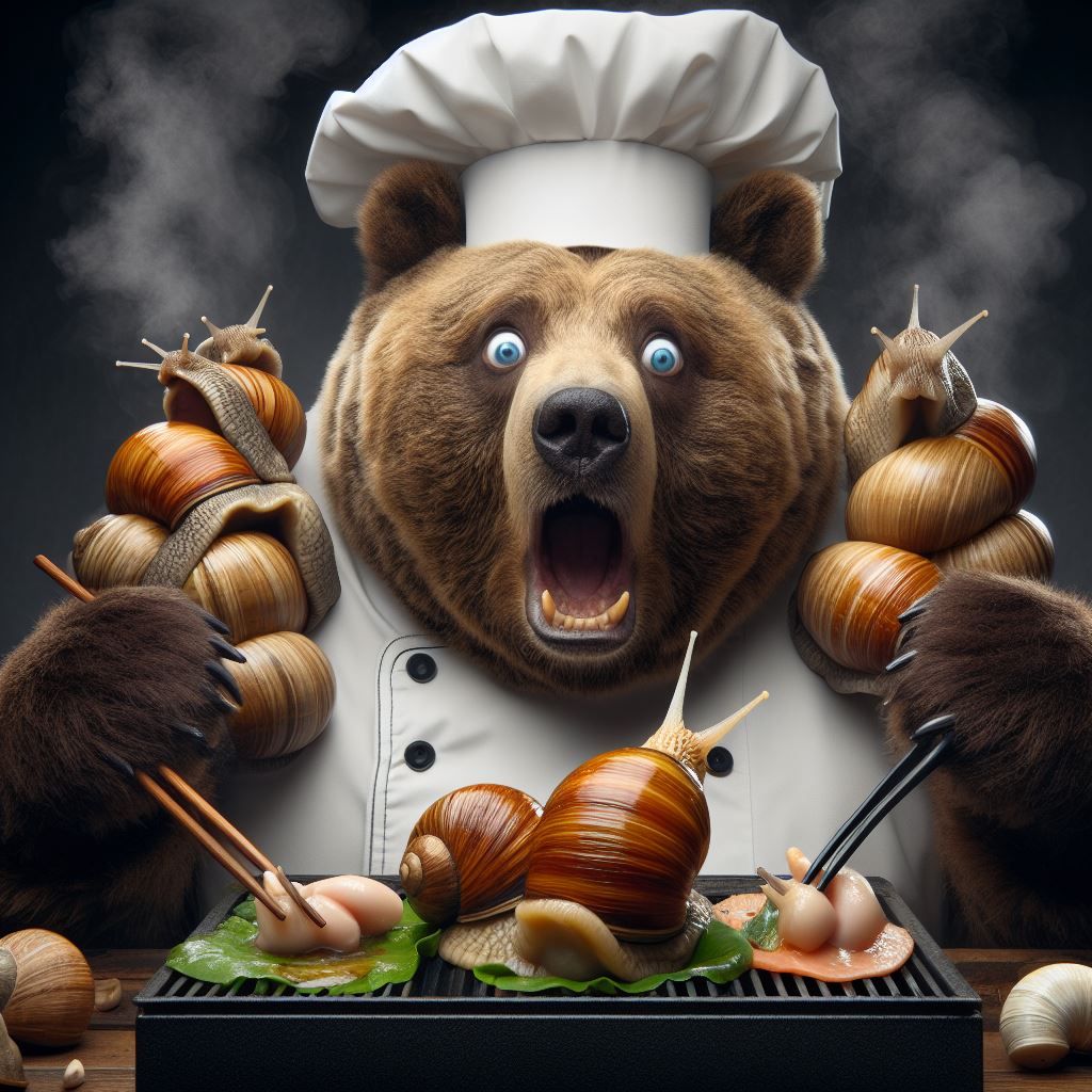 Master Bear Chef preparing a dish with living Escargot