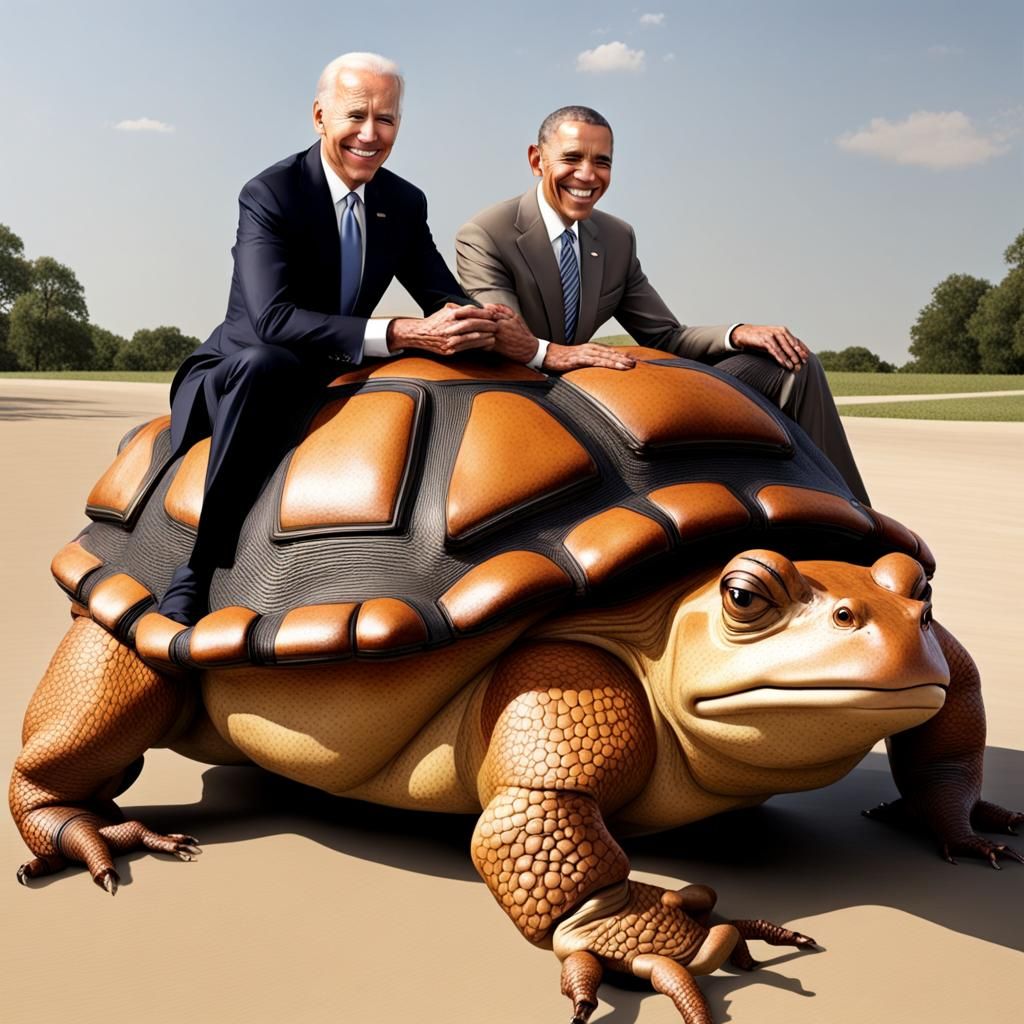 Joe Biden, and Barack Obama riding 2 giant toads