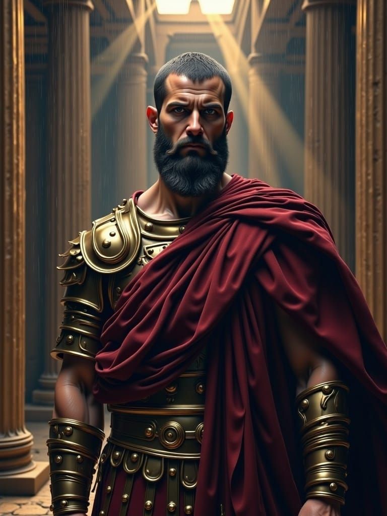 "View of handsome intriguing grizzled thick hair ancient roman male <lora:Ancient Beauty2:1.0> with gorgeous burgundy cape over his shoulder...