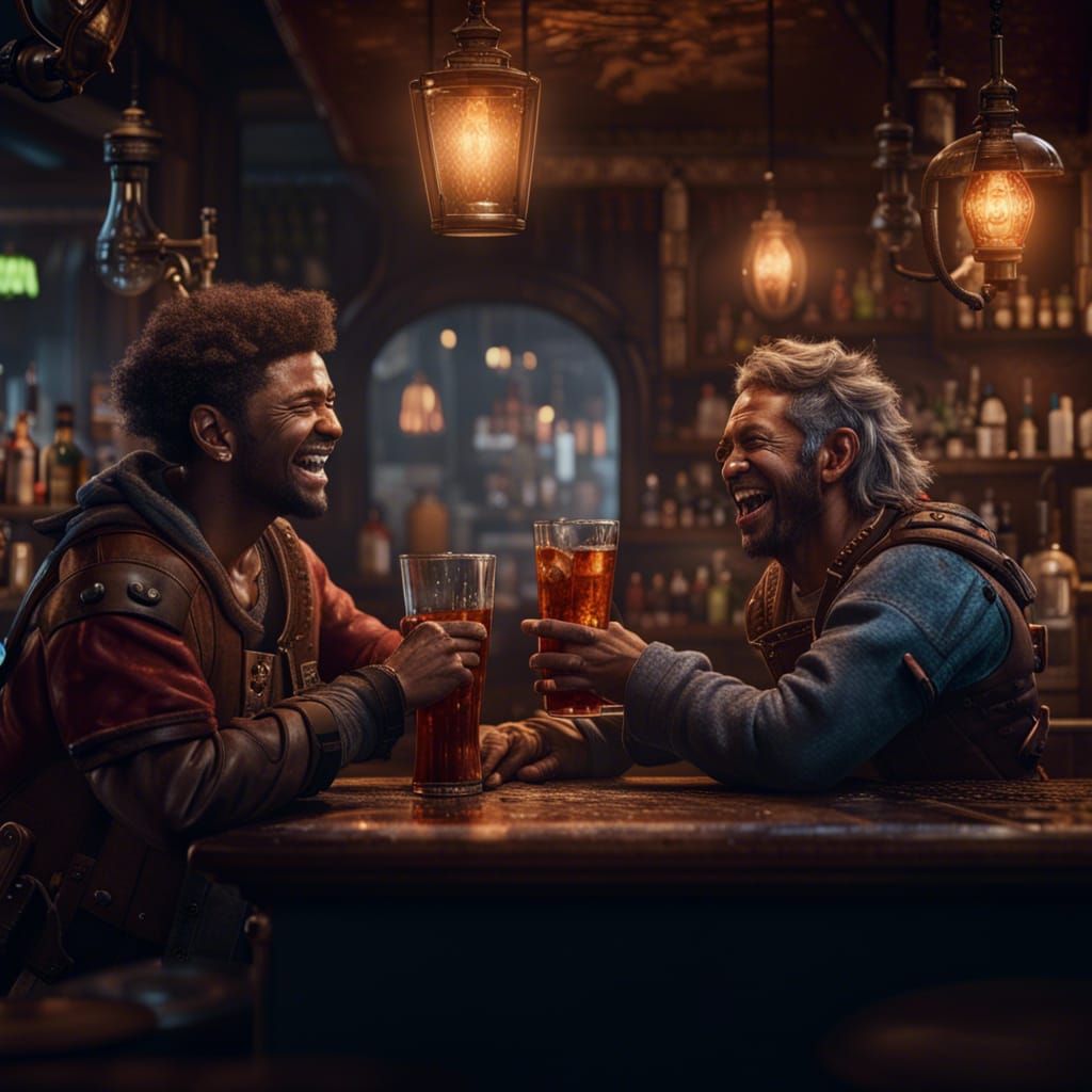 Two Friends drinking and laughing in a bar   by @Malackion