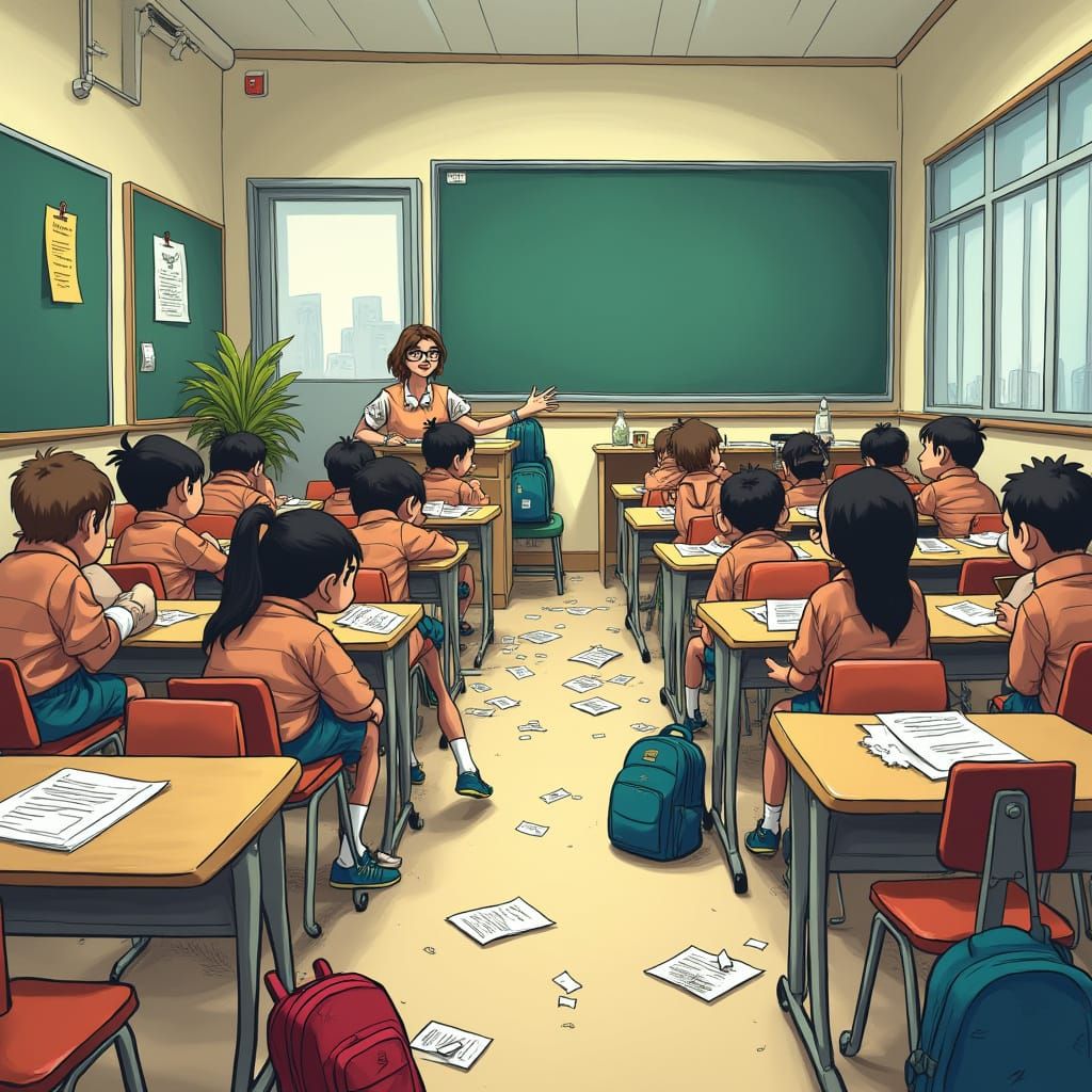 a classroom trashed by students animated