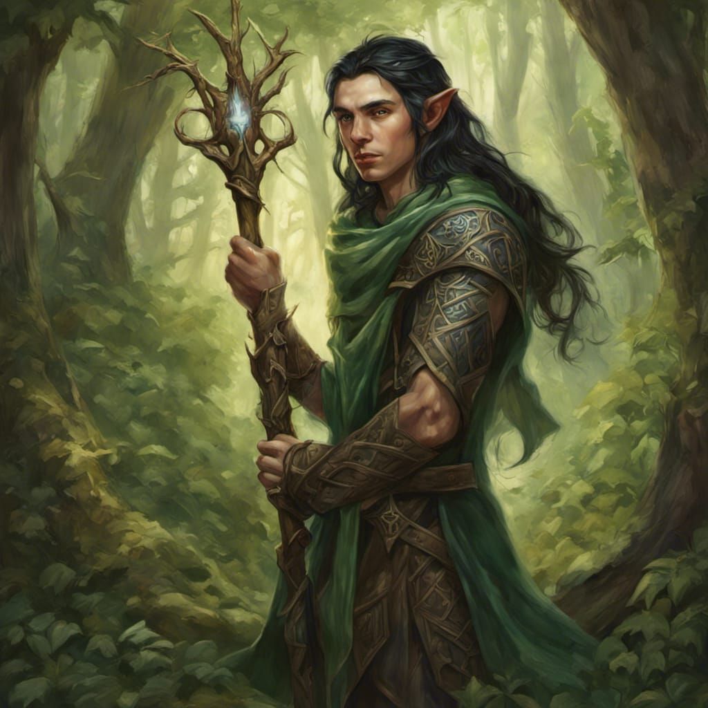 a painting of a young black haired wood elf in a forest holding a staff ...