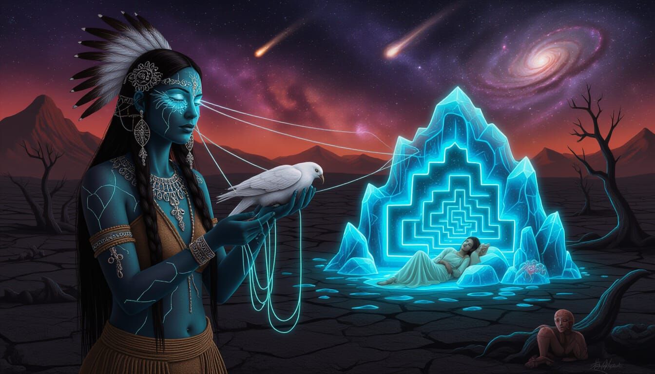  A mystical shaman, skin like parched earth and burnt ice intricately cracked to reveal a vibrant, bioluminescent watery substance adorned w...