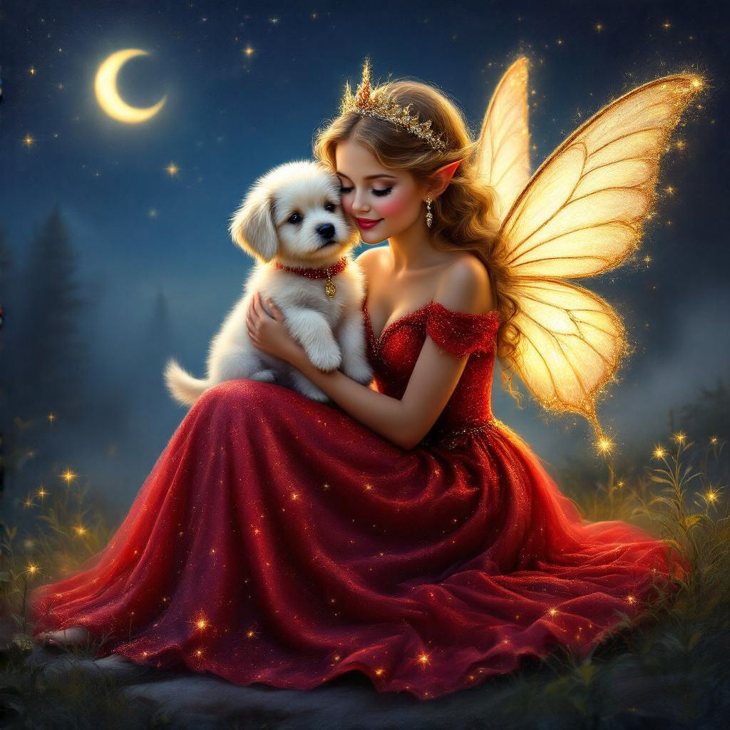 A beautiful fairy princess with a cute white puppy
