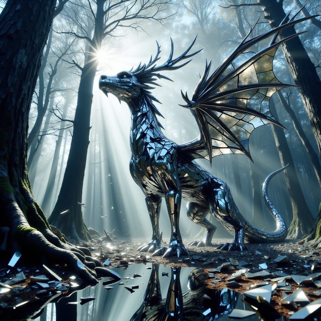 <lora:Shattered v2:1.0>a beautiful dragon made of shattered mirrors in a reflective forest