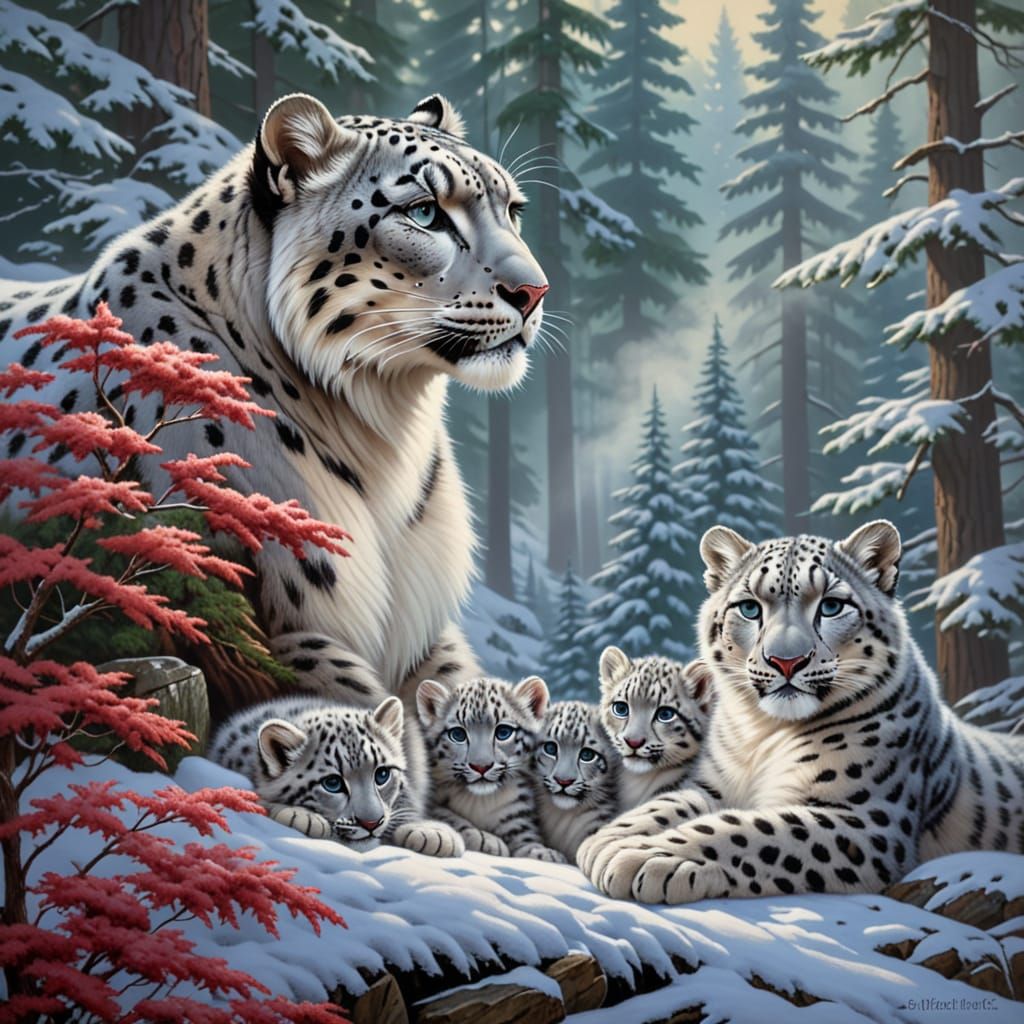 Snow leopards in winter cottage