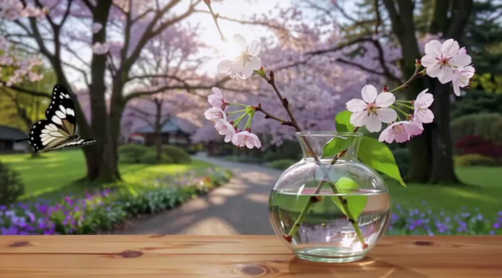 A hyperrealistic glass vase on a rustic wooden table near a window, seamlessly merging with a peaceful Japanese garden i...
