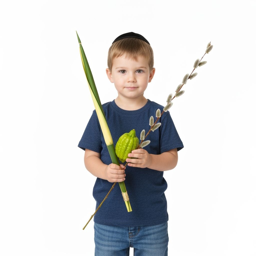 Young Jewish Boy Holds Sukkot Symbols