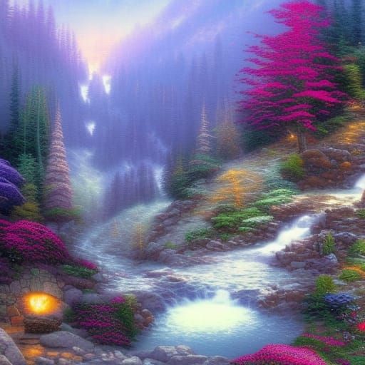 Enchanted forest with high snowy mountains in background, wa...
