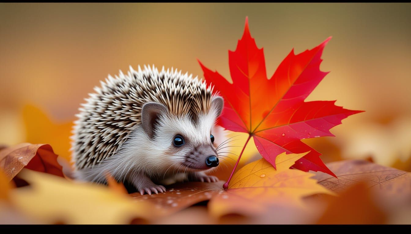 A tiny hedgehog, its quills adorned with dew drops, peeking curiously from beneath a large, vibrant red ...  by @Virtue_Knight777