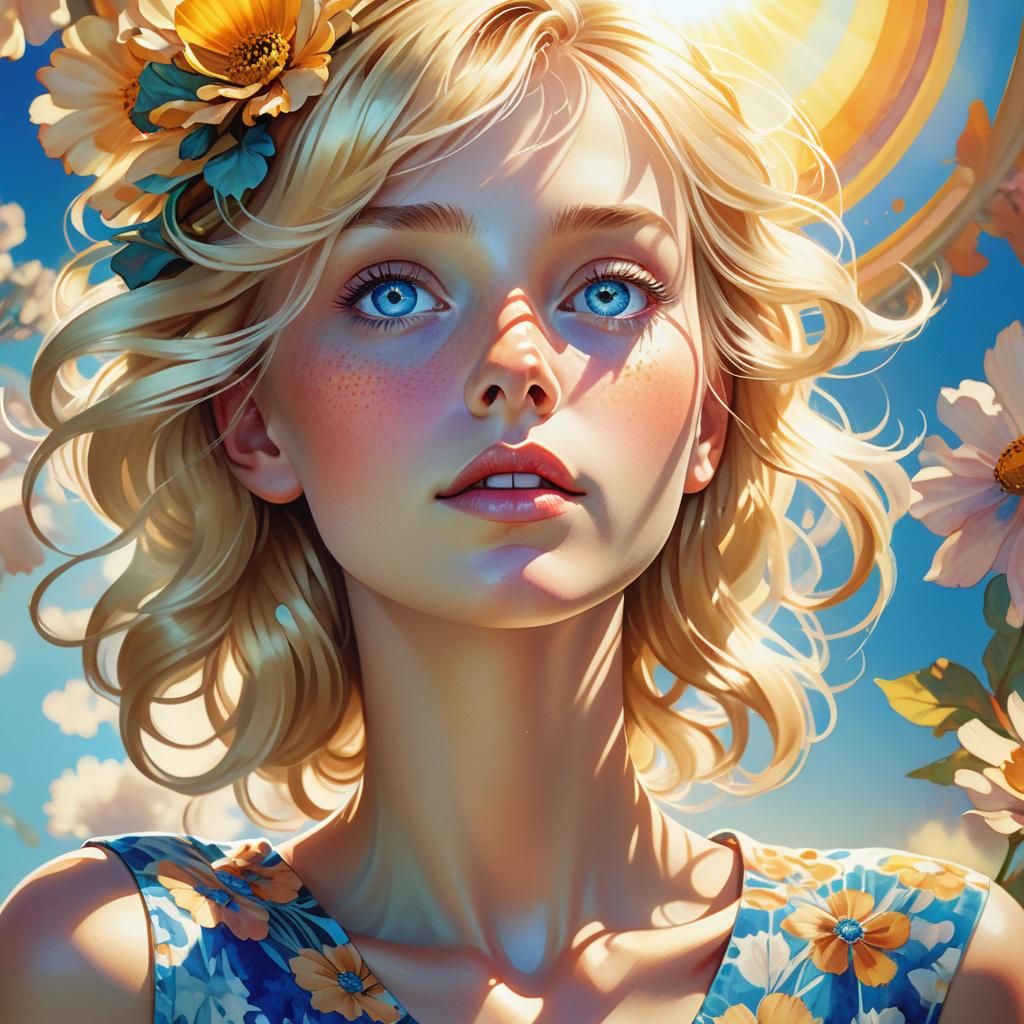 Extreme close-up full body sun glare of a beautiful short bl...