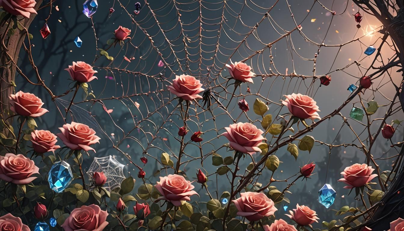 roses, spider webs, crystals, sparkles