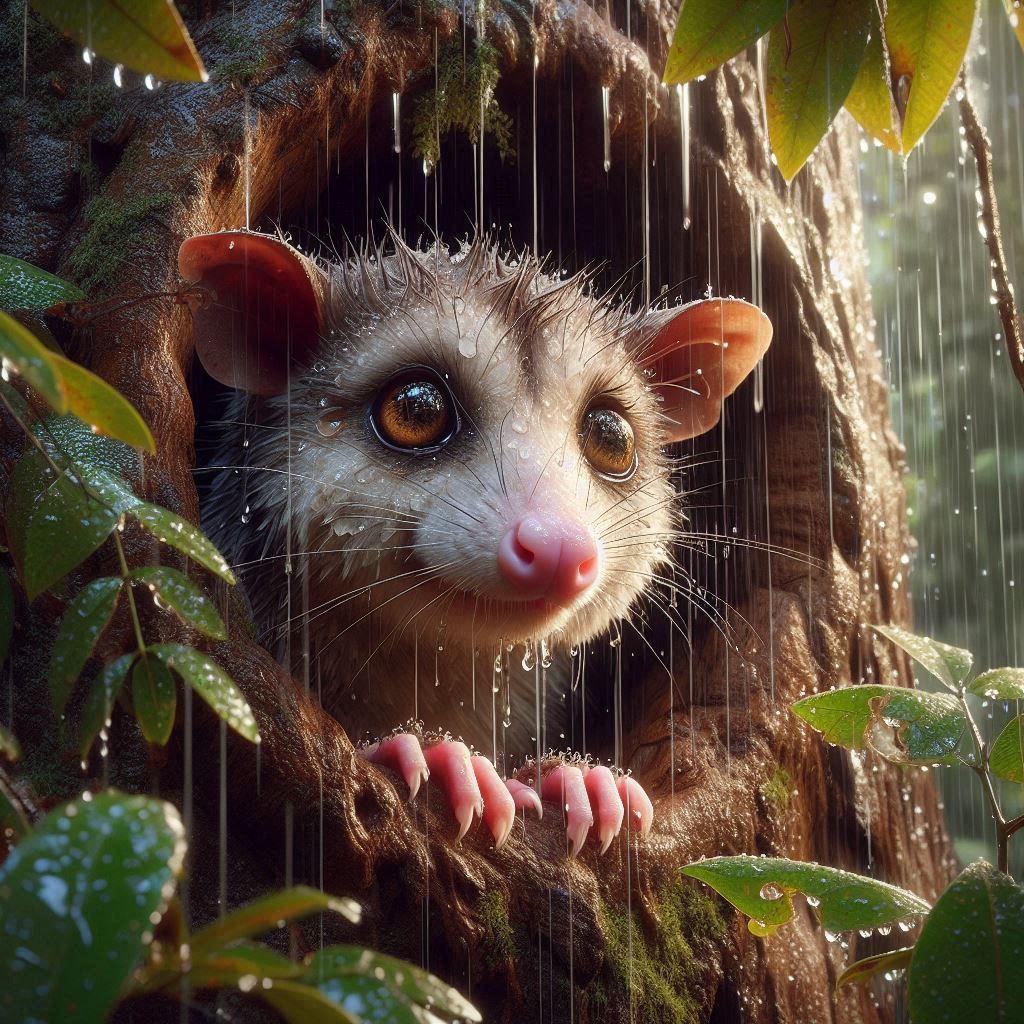 Little Wet Possum in a Tree Hollow