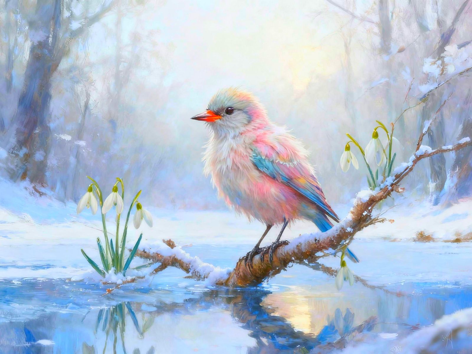 Whimsical Pastel Bird on Snowy Branch Over Frozen Lake