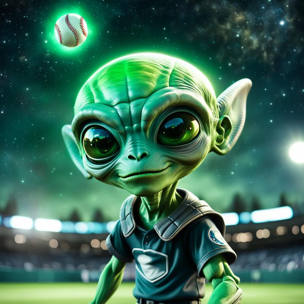 Green Alien Playing Baseball!