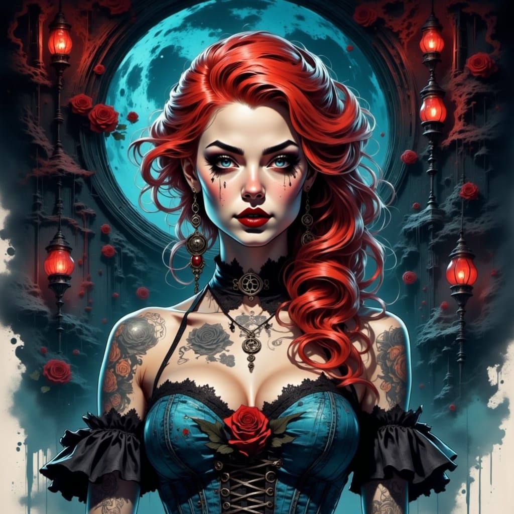 <lora:SpectraGlorious:1.0> waist up portrait Gorgeous tattooed pin up pale vampire with (open mouth fangs:1.5) in attractive low cut azure c...