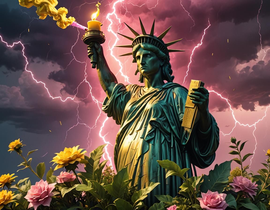 Clean cold corporate vaporwave gold statue of liberty holdin...